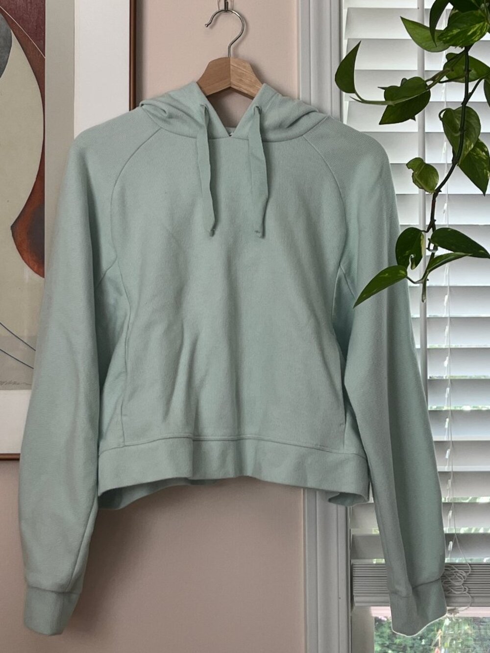 Teal Ribbed Cropped Pullover Hoodie